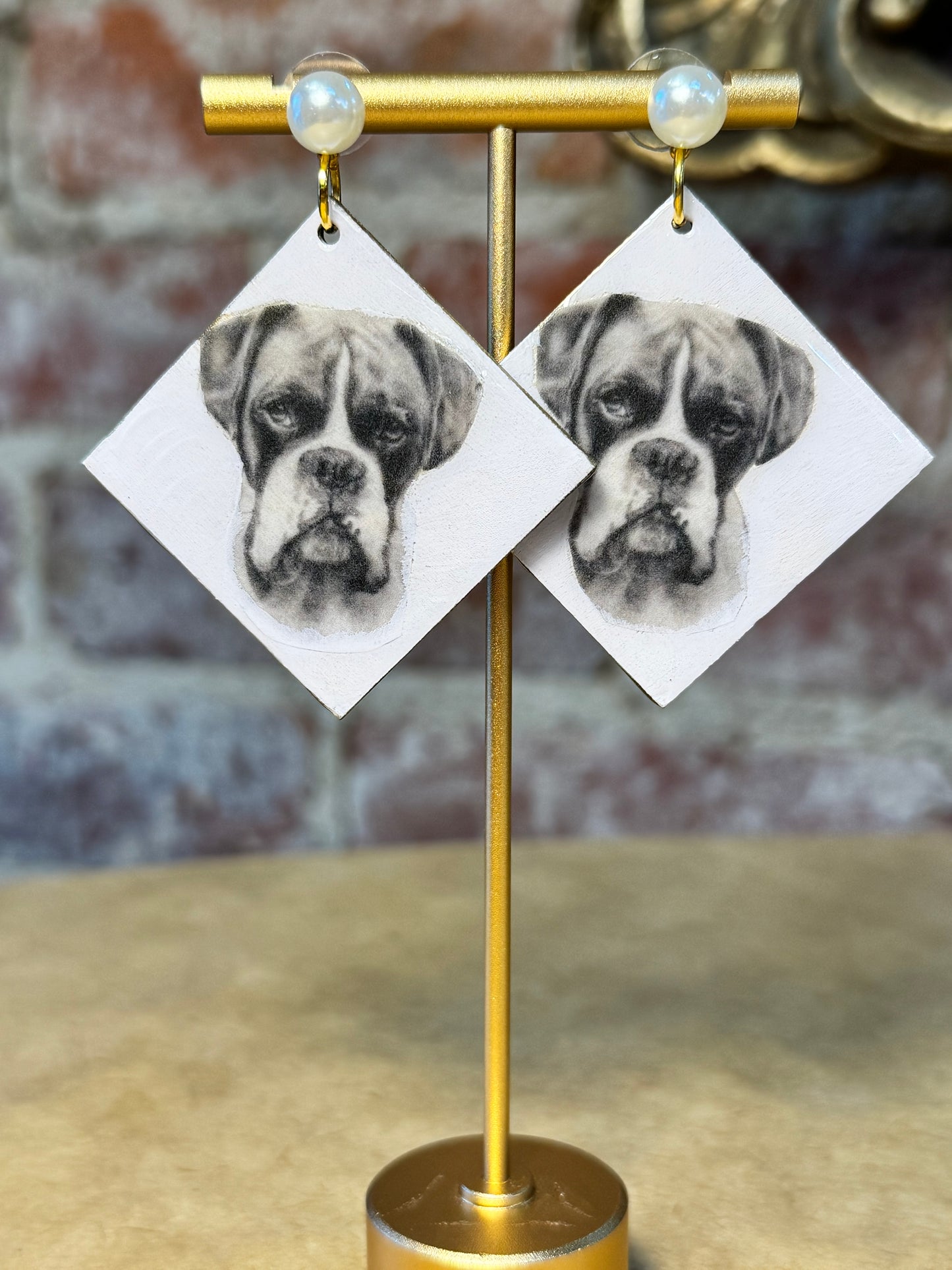 Boxer Bull Dog Earrings on Pearl Studs