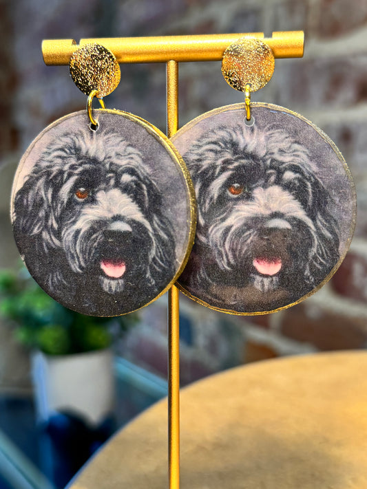 Black Golden Doodle Earrings on Gold Studs
