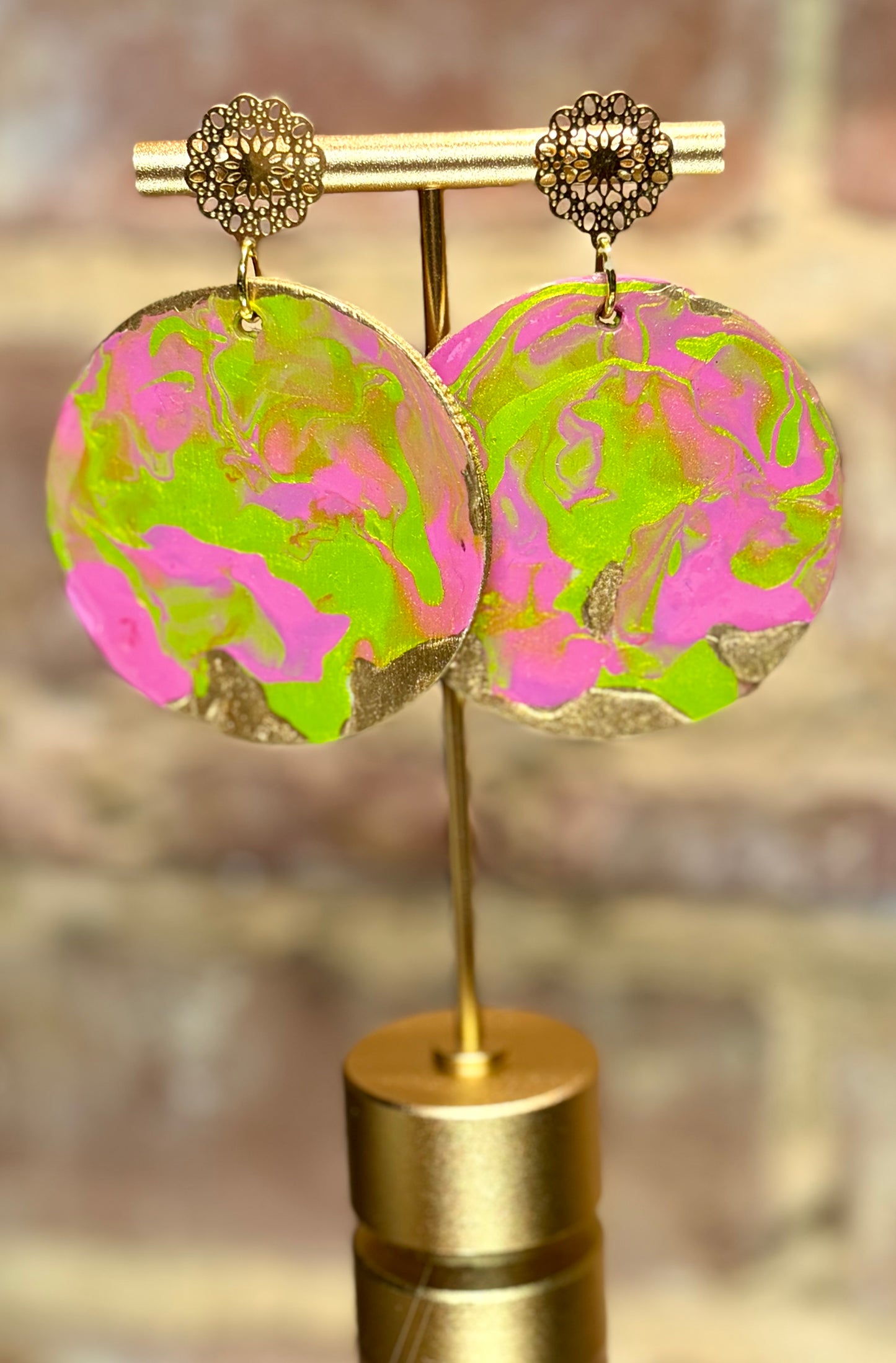 Pink, Green and Gold Fluid Art Earrings on Gold Filigree Studs