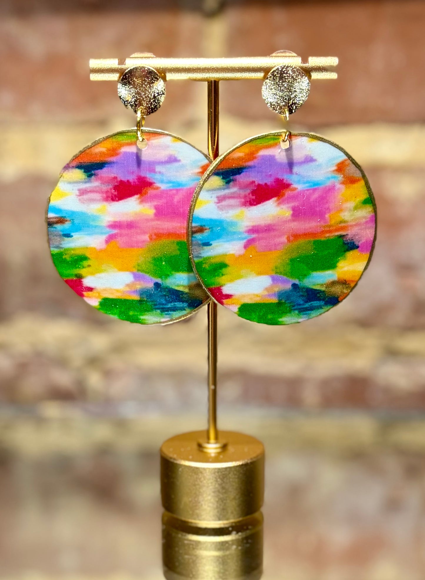 Multi-Colored Round Earrings on Gold Studs