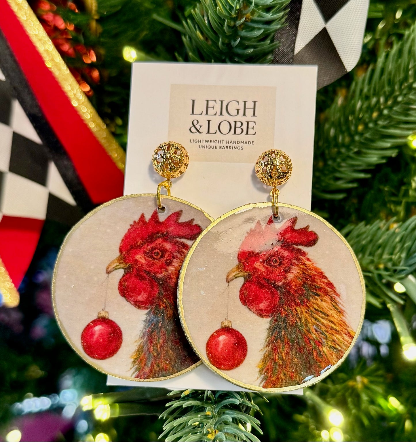 Christmas Rooster Earrings on Gold Stud
