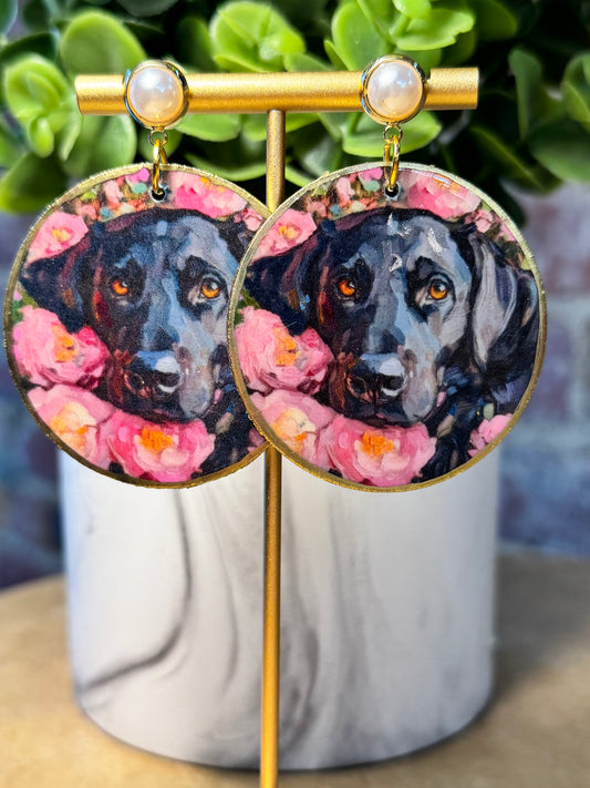 Black Labrador Retriever on Pearl and Gold Studs