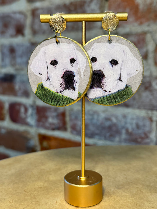 White Labrador Retriever with green sweater Earrings on Gold Studs
