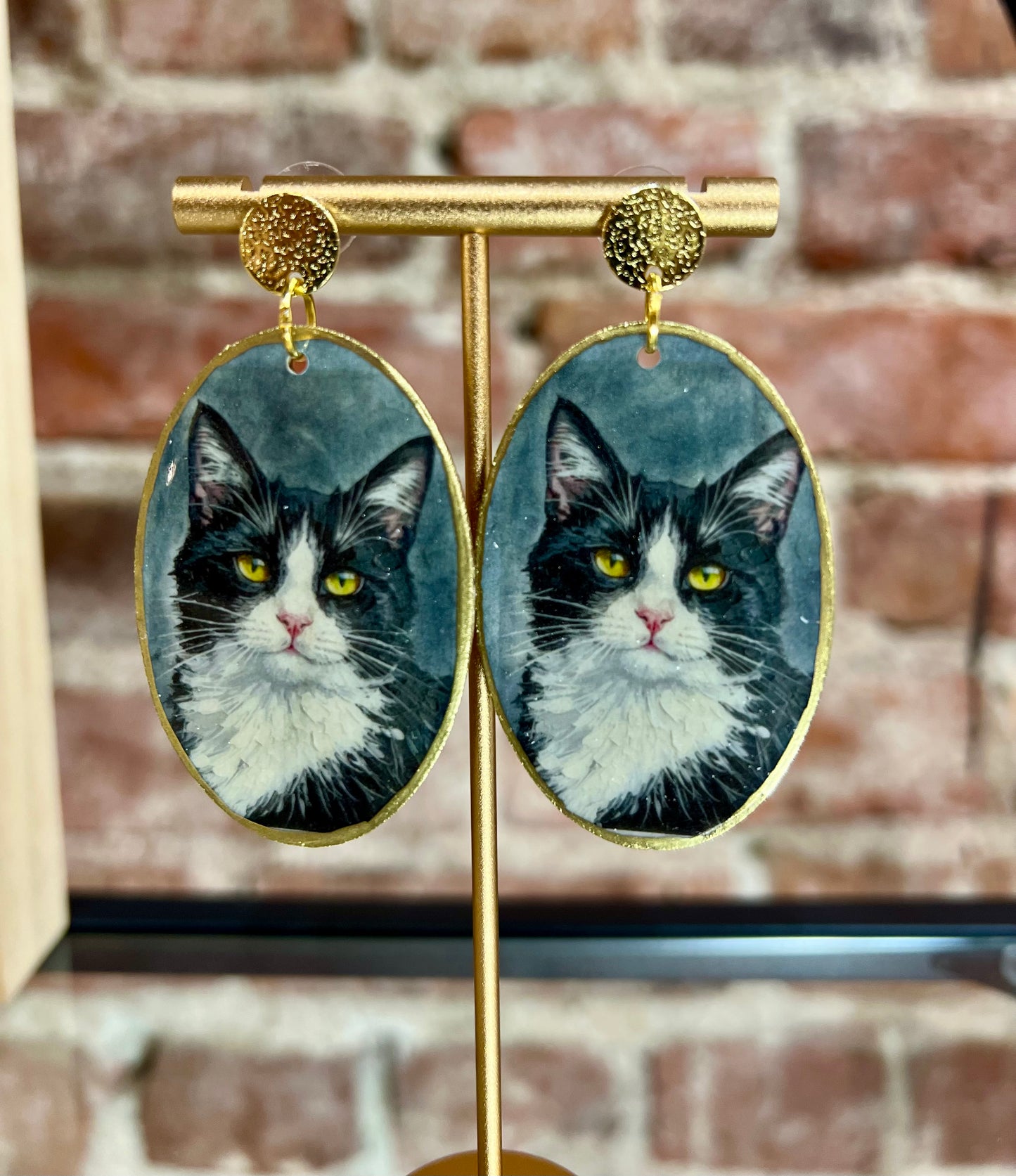 Black & White Cat on Gold Studs