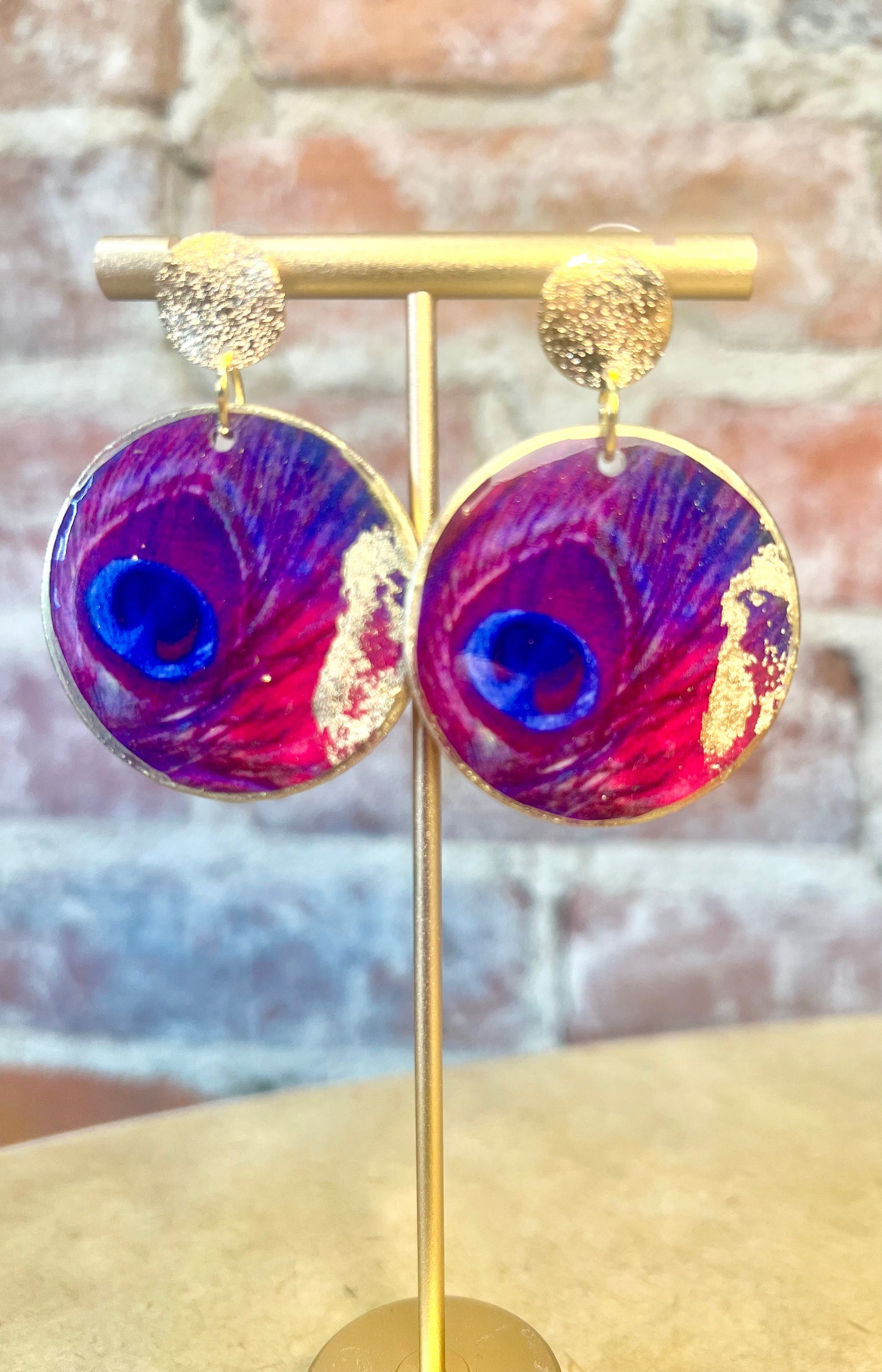 Peacock Feather Earrings on Gold Studs