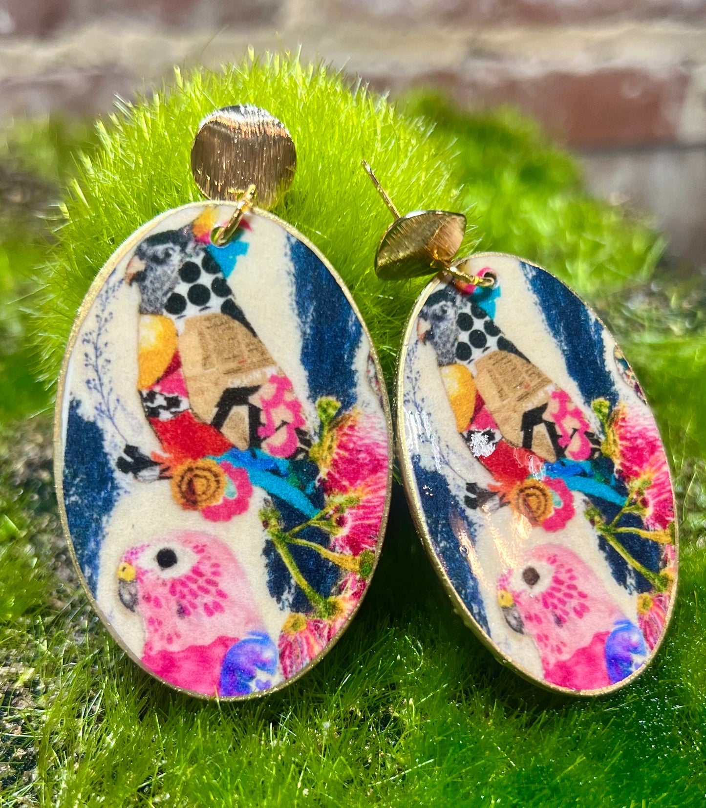 Patchwork Bird Collage on Gold Studs