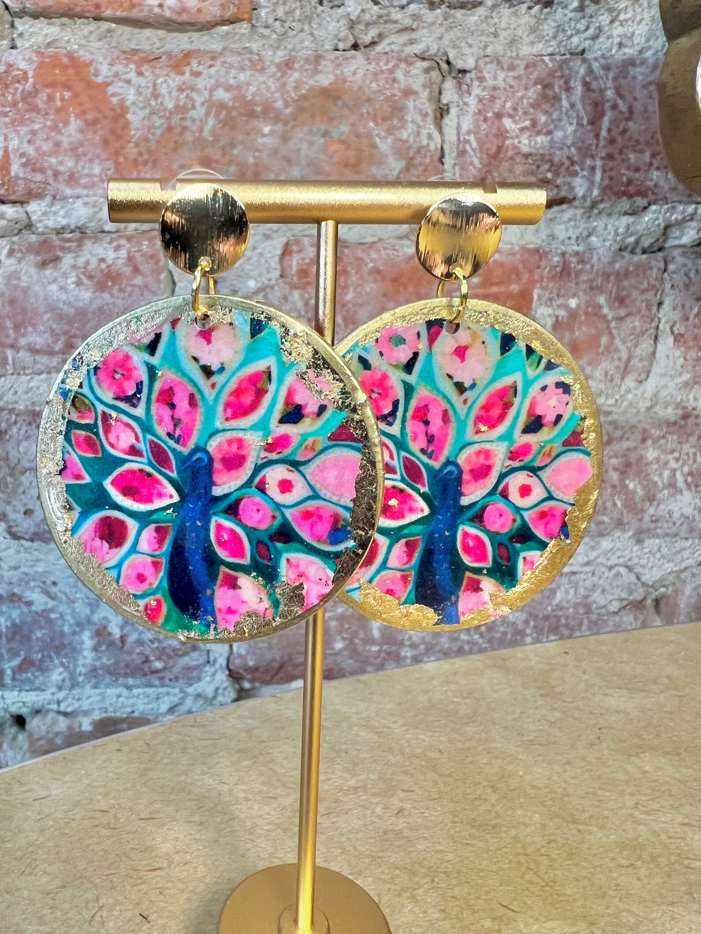 Pink, Aqua and Blue Peacock Earrings on Gold Studs