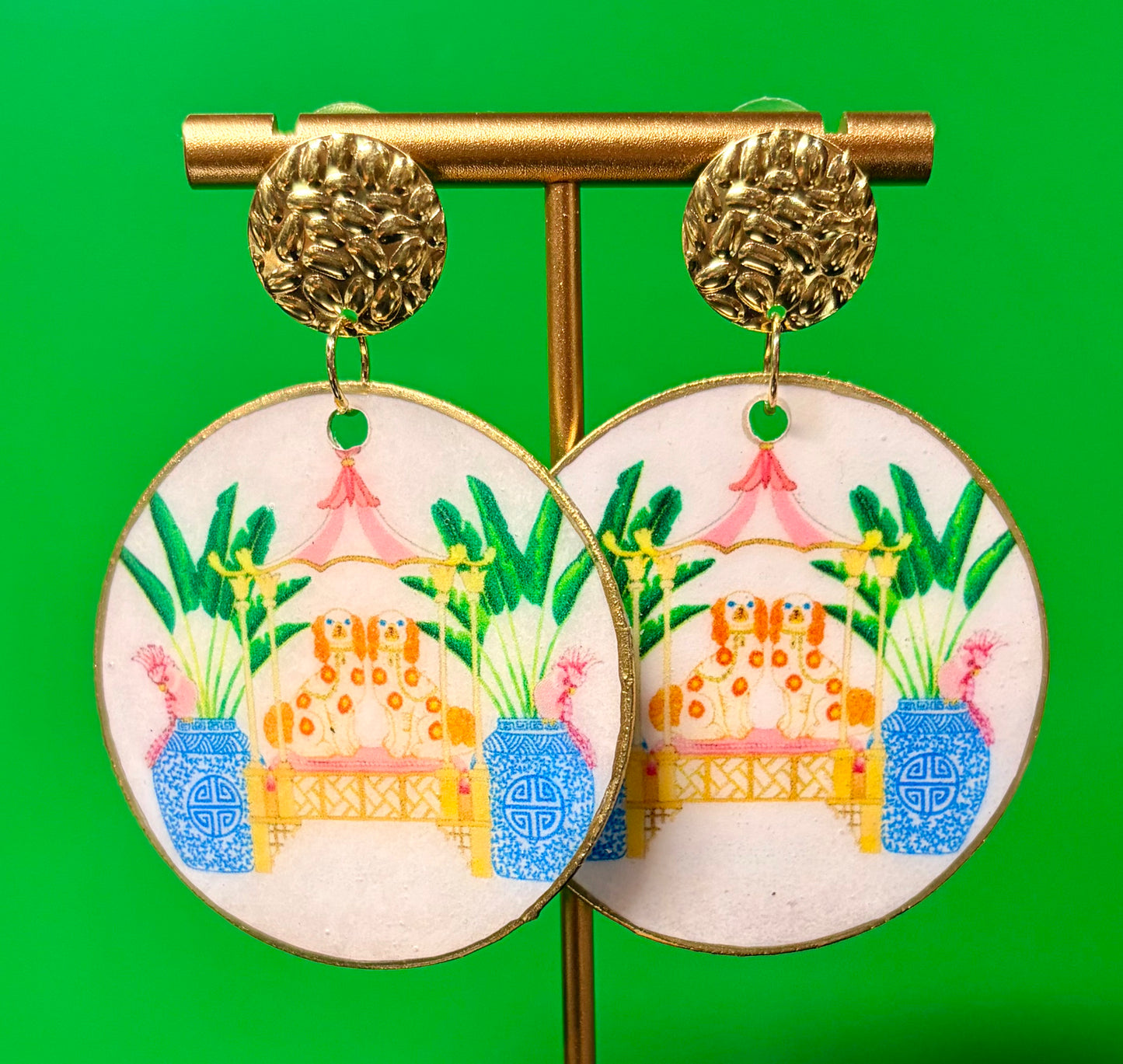 Chinoiserie Print on Gold Studs