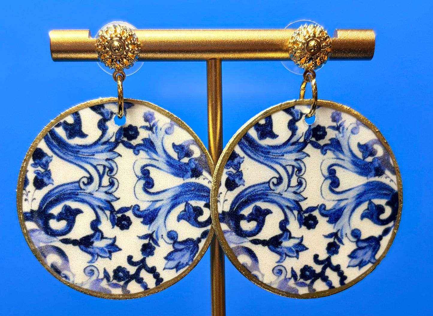 Blue & White Pattern Earrings on Gold FiligreeStud