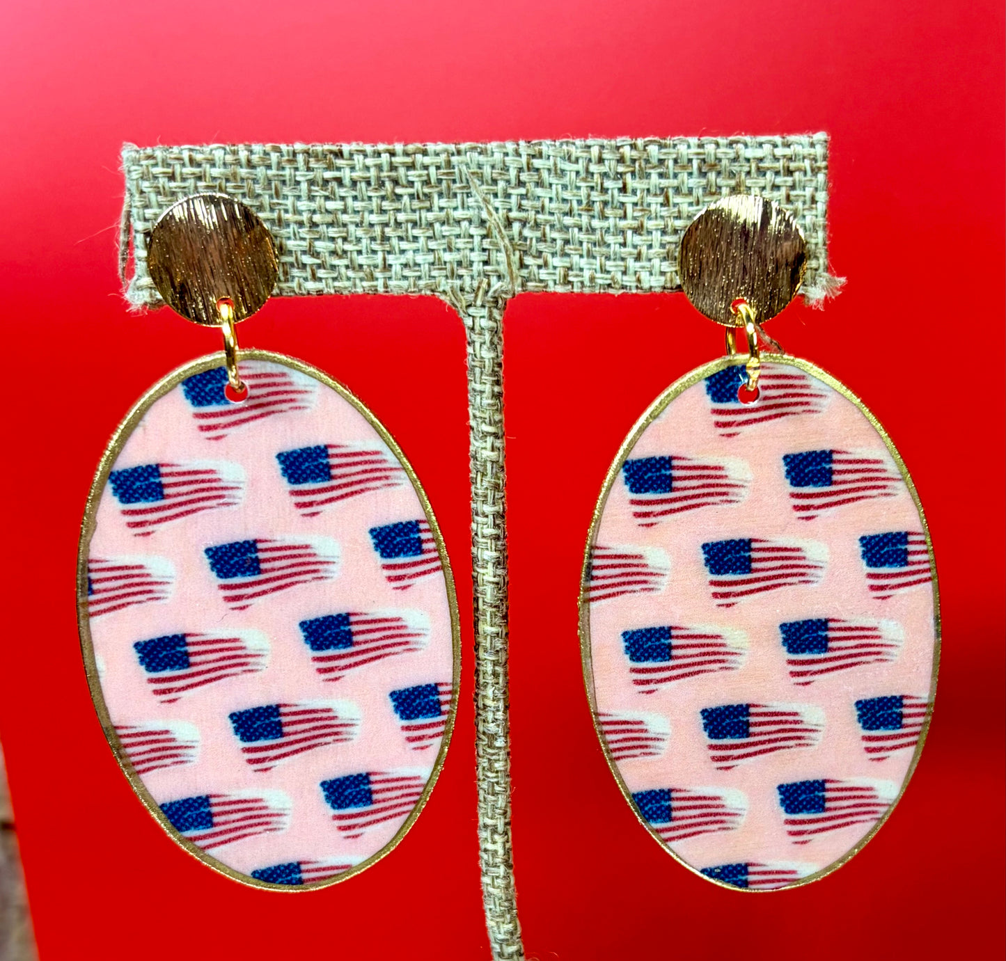 Oval American Flag on Gold Studs