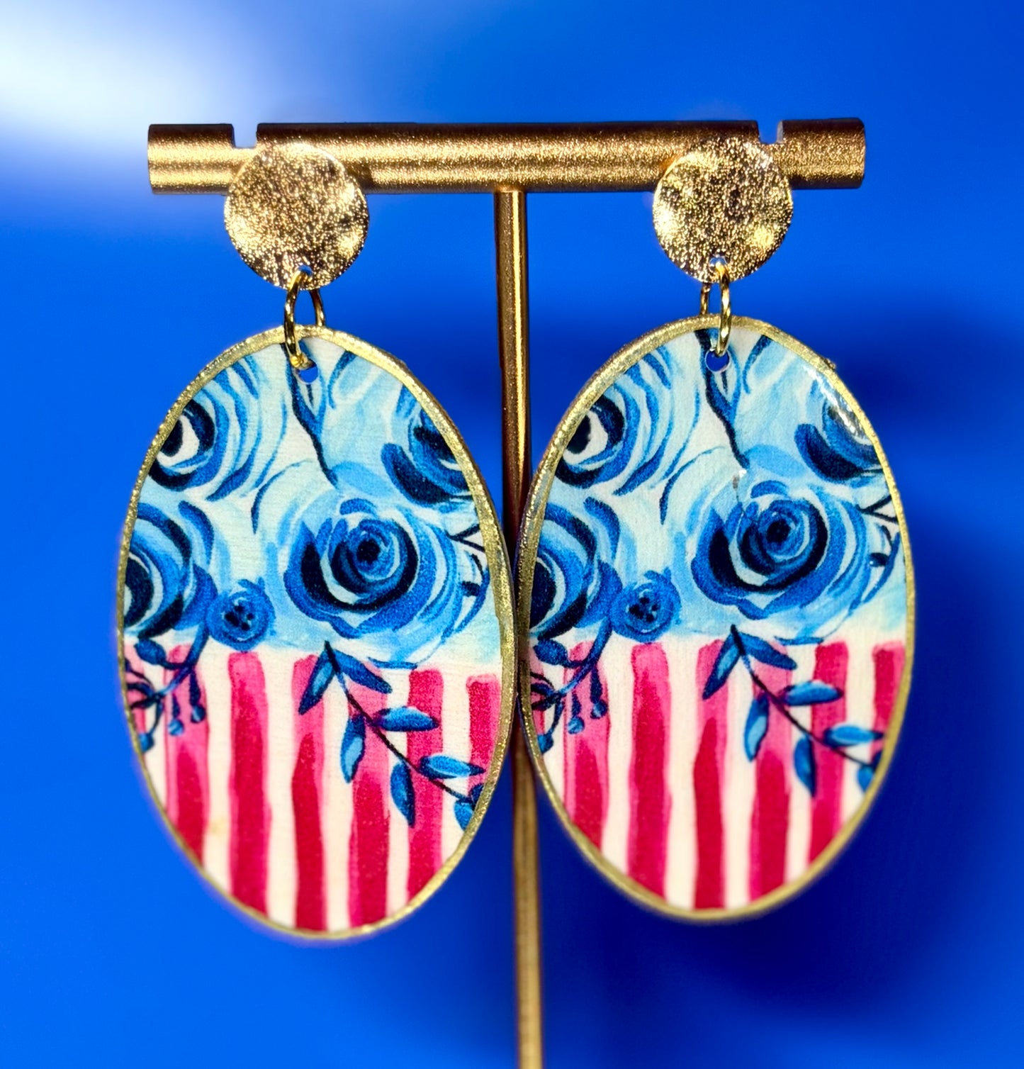 Blue Flower American Flag on Gold Studs
