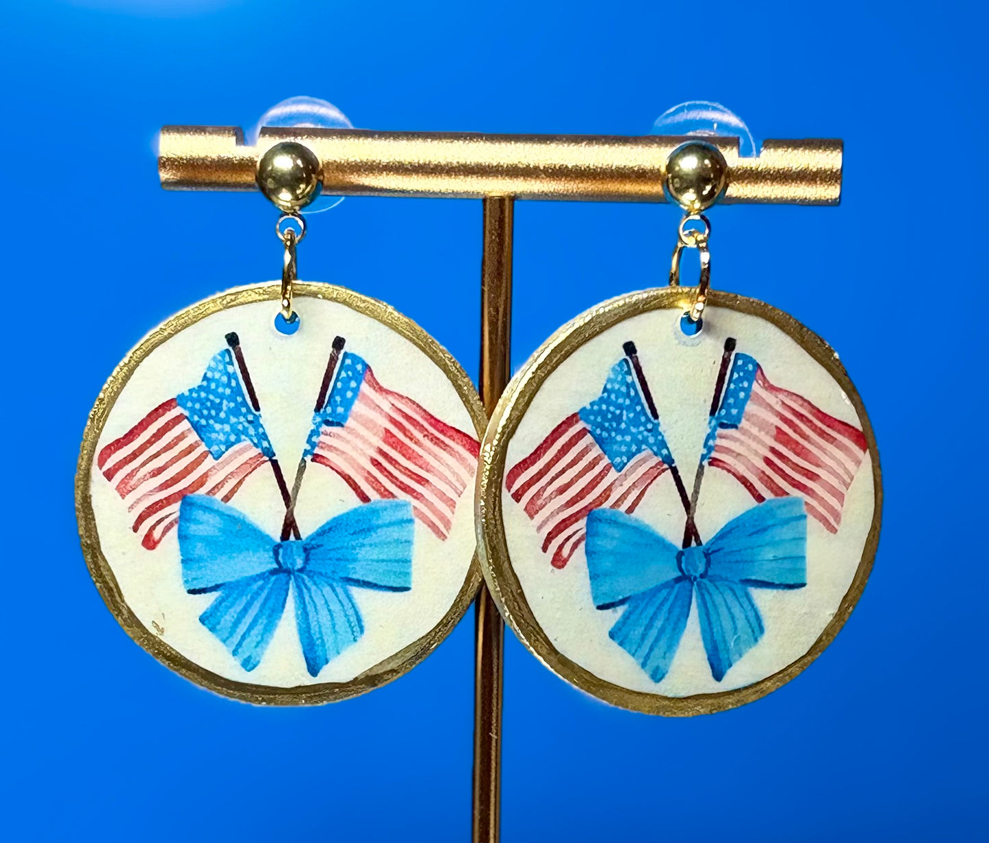 Round Double American Flag on Gold Studs