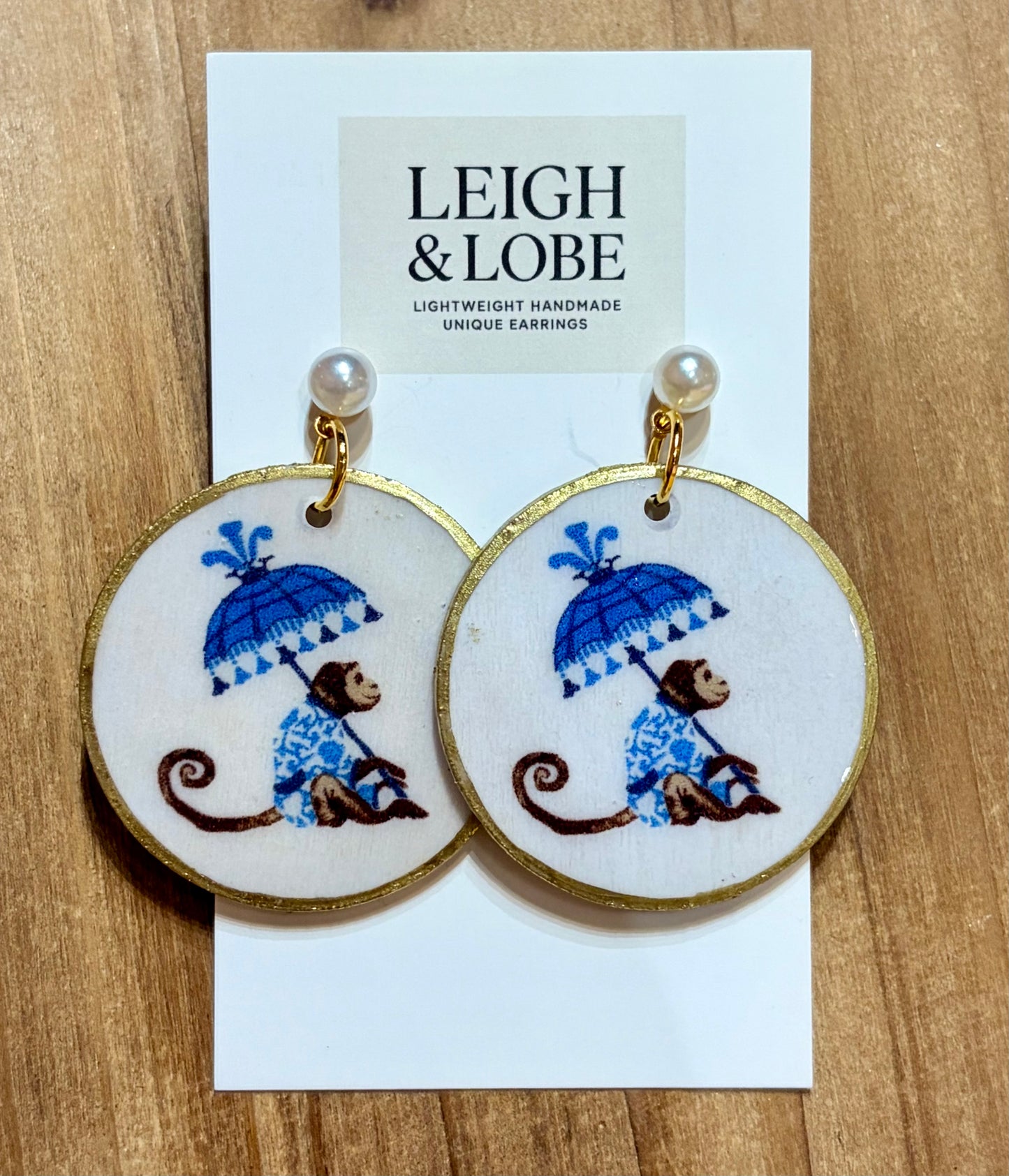 Whimsical Blue and White Chinoiserie Monkey on Medium Round with Pearl Studs
