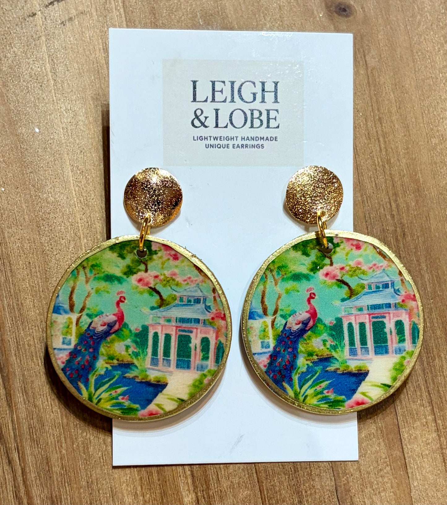 Peacock and Pink Pagoda Chinoiserie on Gold Studs