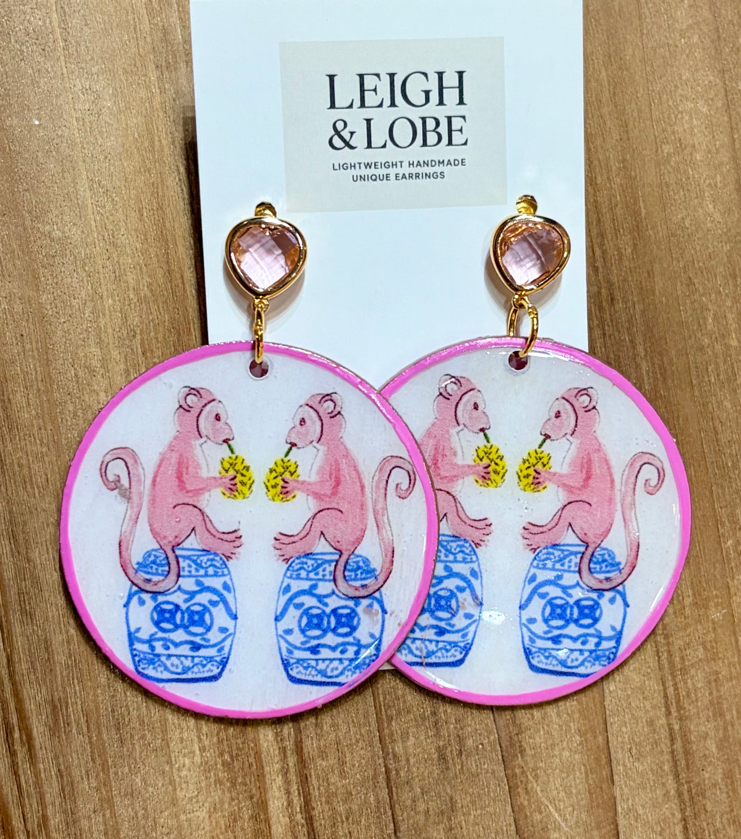Chinoiserie Monkey on Pink Gemstone Studs