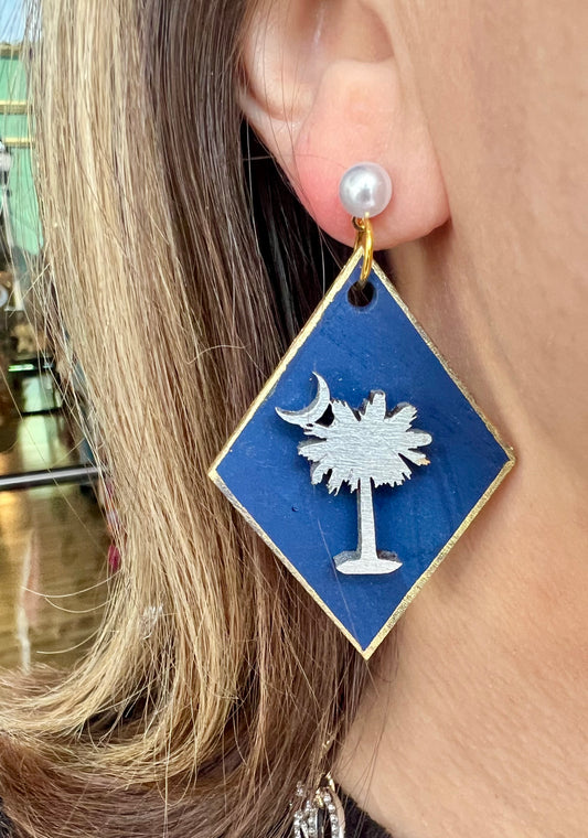 SC State Palmetto Tree and Moon Earrings on Pearl Studs