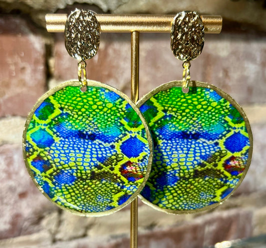 Round Snake Print Earrings on Gold Stud