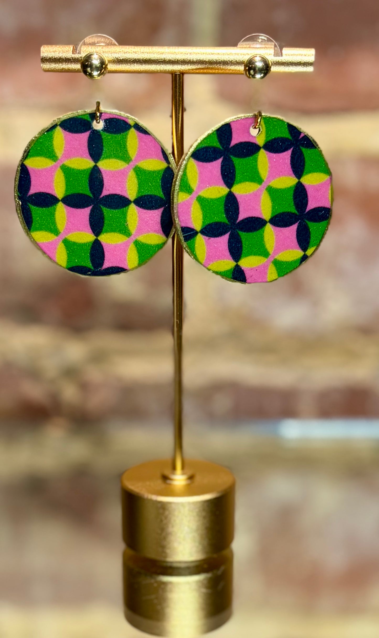 Navy, Pink, Green and Yellow Quatrefoil Earrings on Gold Studs