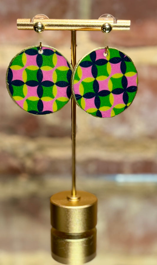 Navy, Pink, Green and Yellow Quatrefoil Earrings on Gold Studs