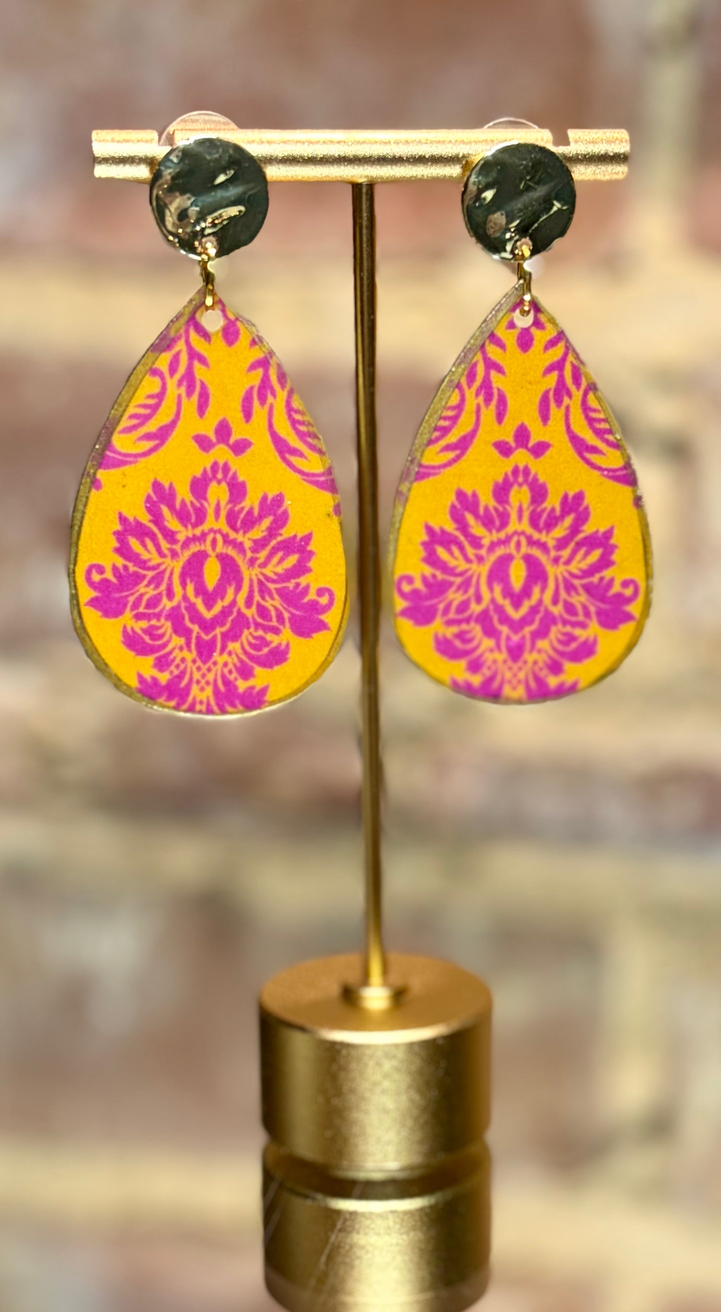 Pink on Orange Damask on Gold Studs