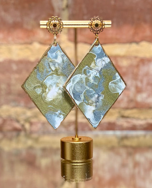 Silver, Gold and White Fluid Art Earrings on Filigree Studs