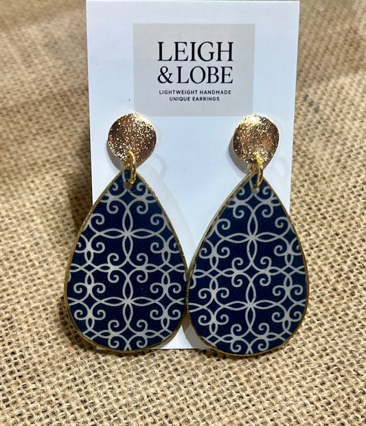Navy & White Pattern on Gold Studs