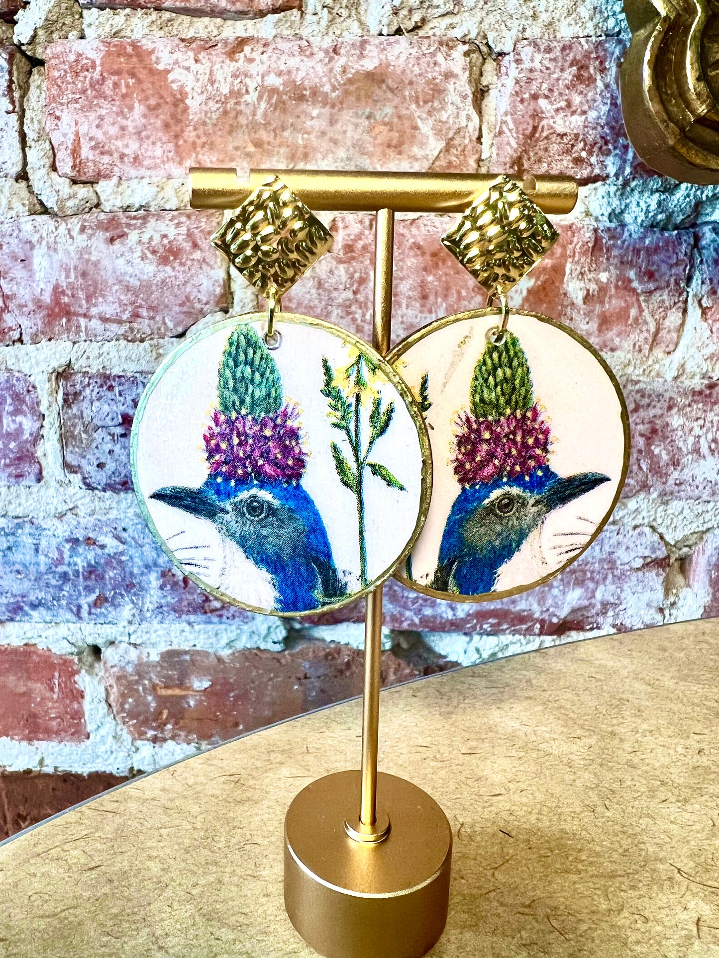 Eclectic whimsical blue bird with flower hat