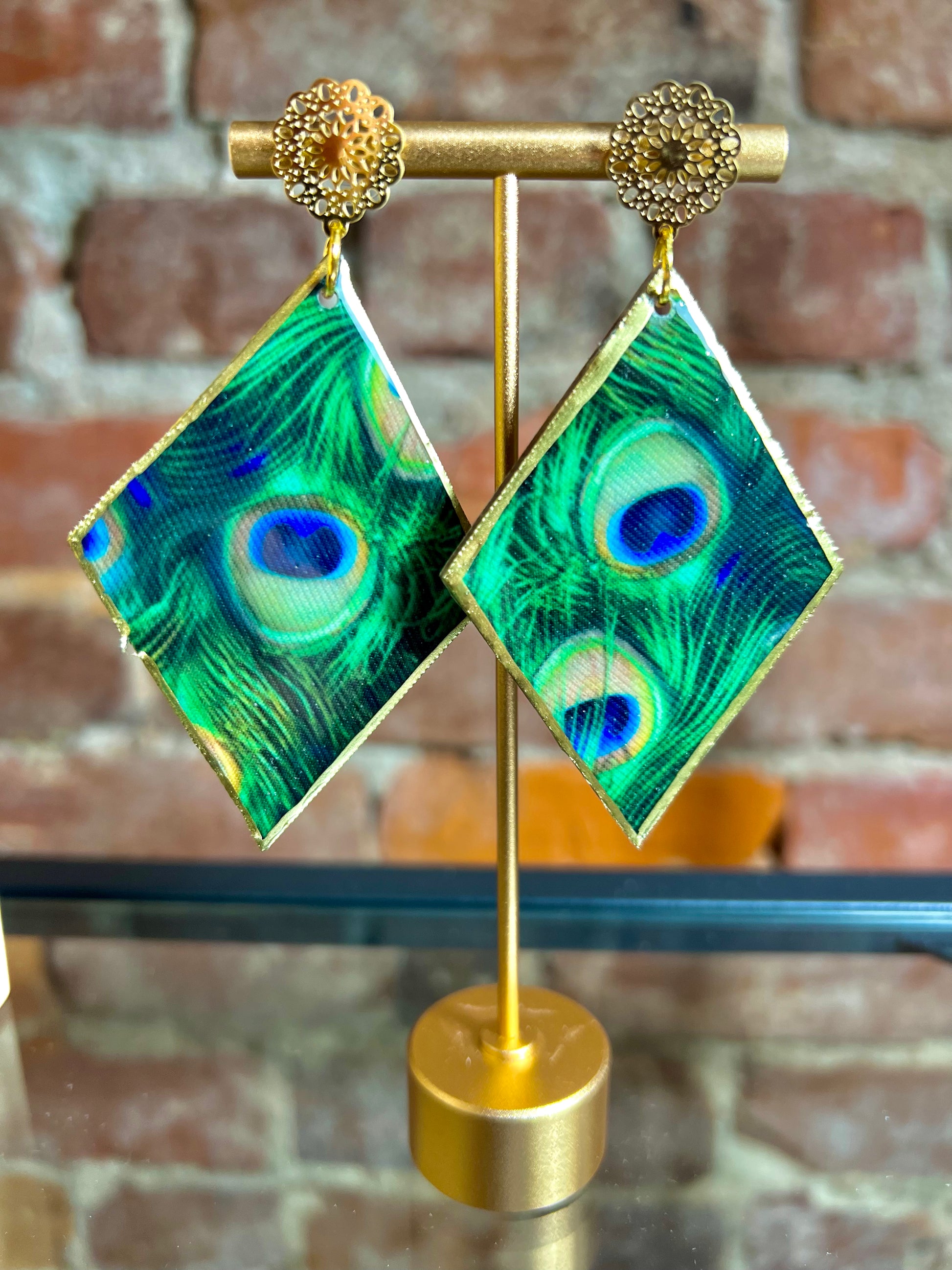 Peacock earrings  with gold stud.