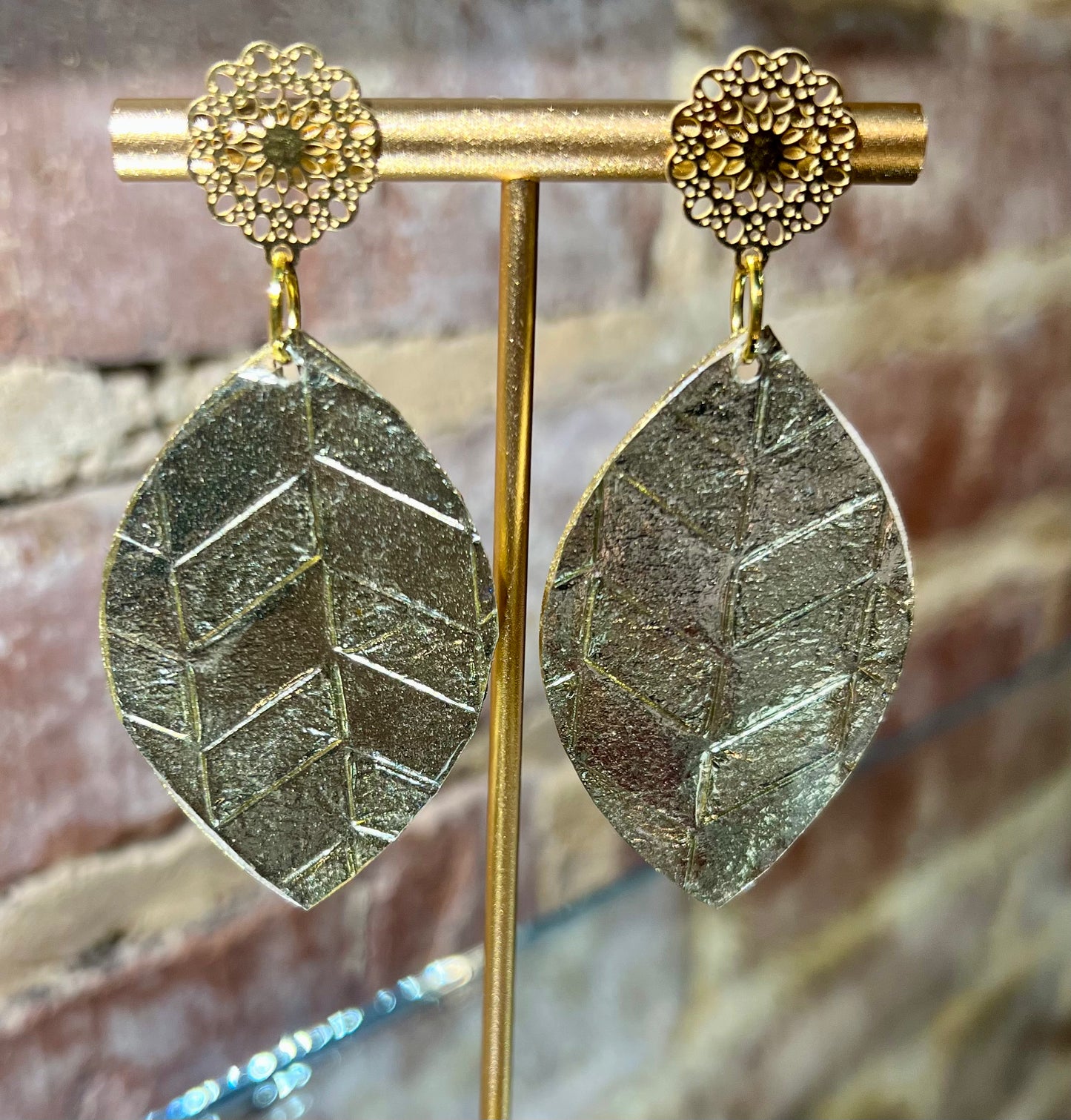 Gold Leaf Earrings on Filigree Studs
