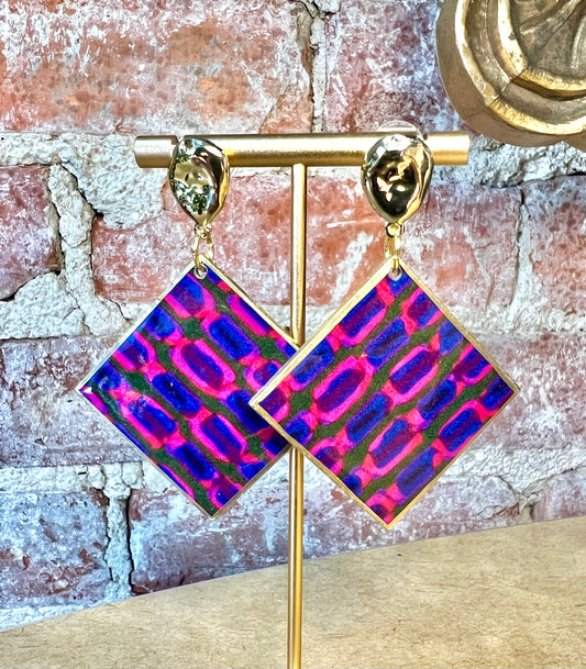 Green, Blue and Pink Diamond Shaped Earrings on Gold Nugget Studs
