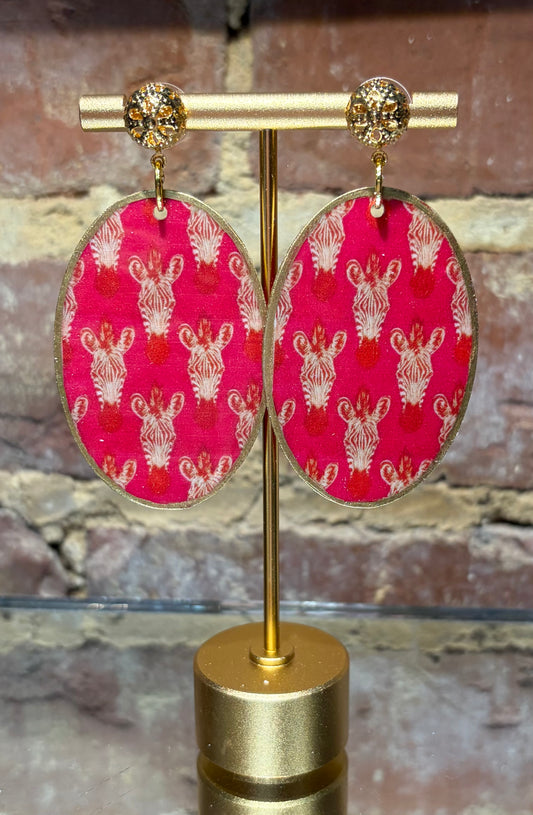 Pink and Red Zebra Earrings on Gold Round Filigree Studs