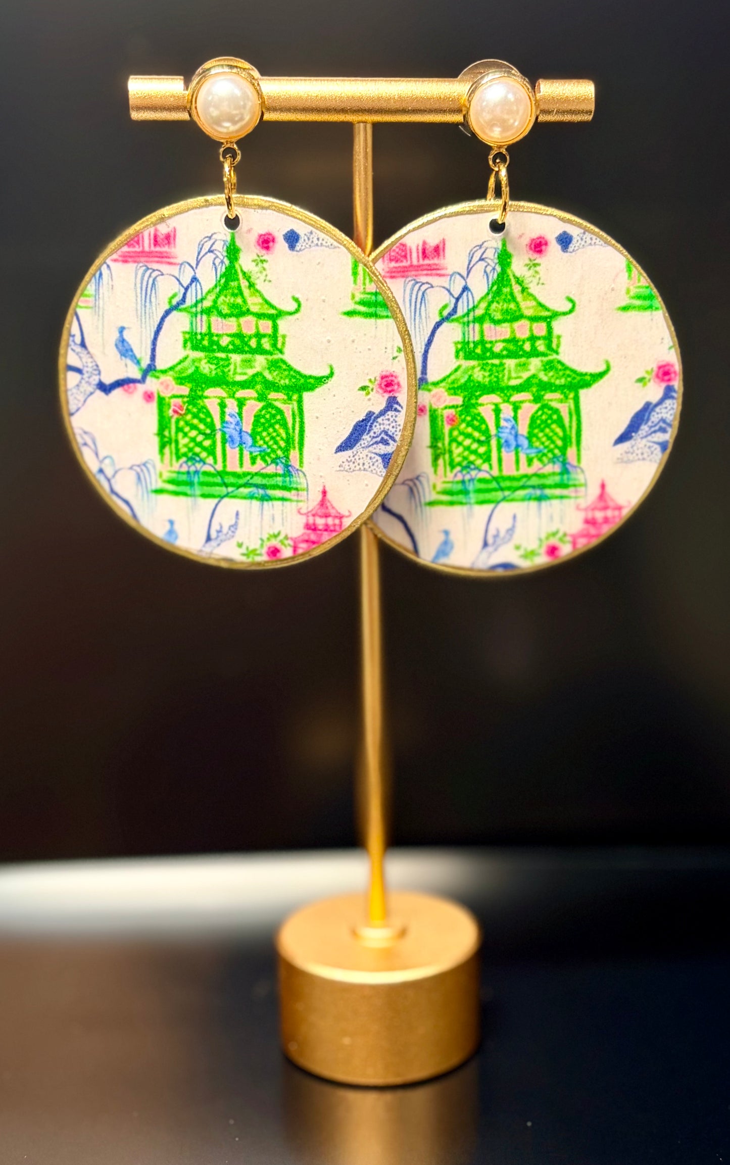 Chinoiserie Birdhouse on Pearl Studs