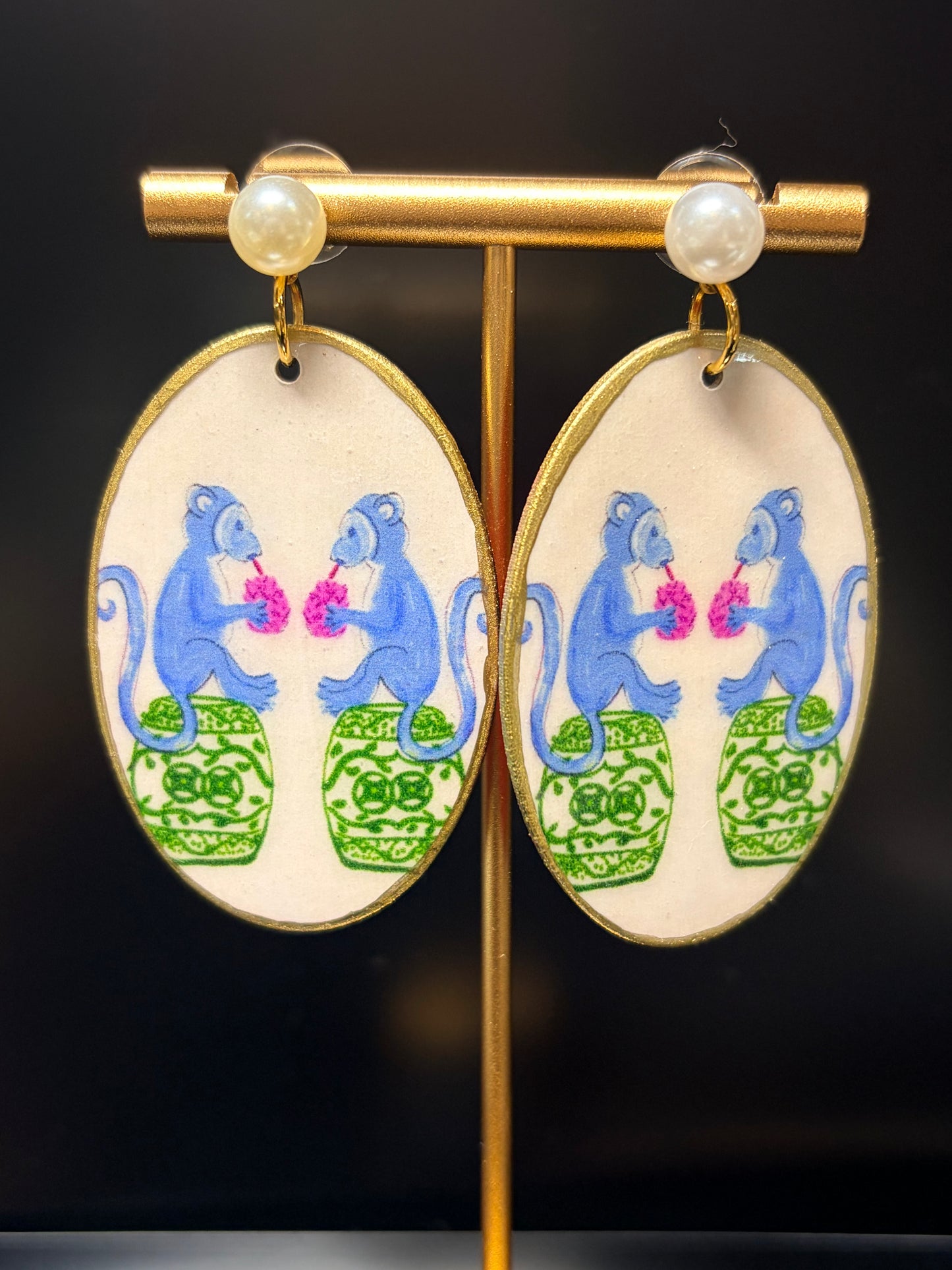 Chinoiserie Monkeys on Pearl Stud