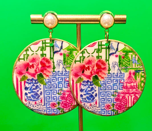 Chinoiserie Print on Pearl Studs