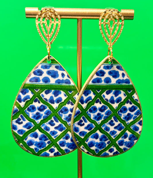 Blue & Green Teardrop on Filigree Studs
