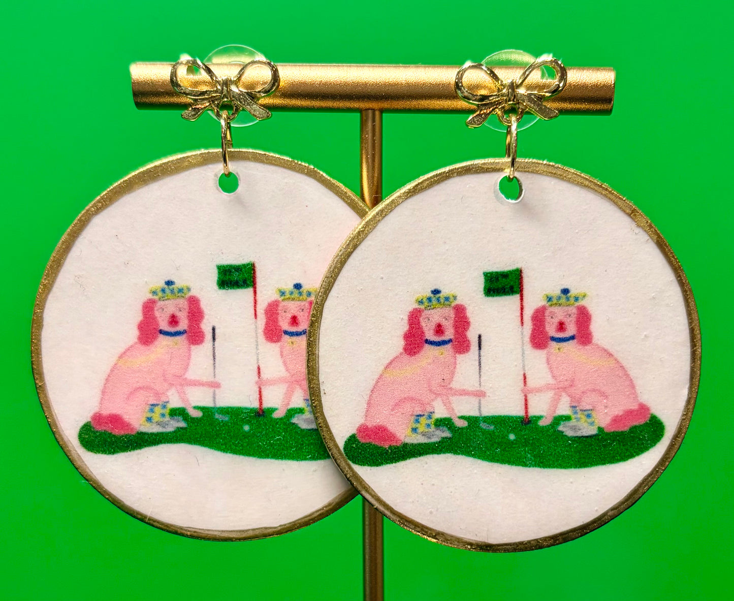 Chinoiserie Golf Dogs on Gold Bow Studs