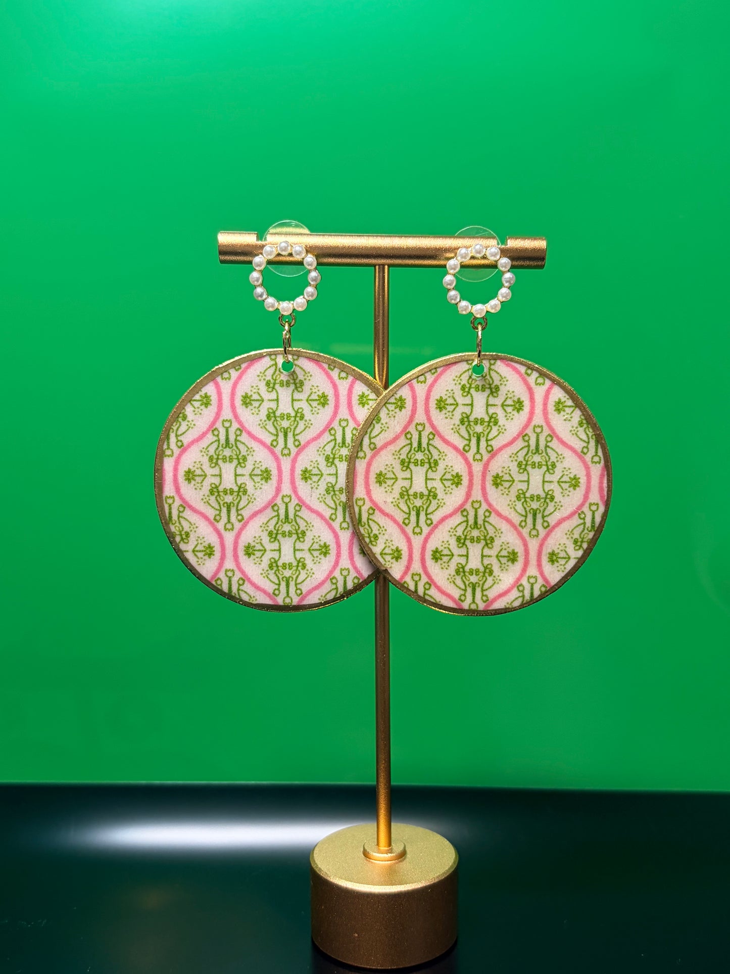 Pink/Green on Round Pearl Studs