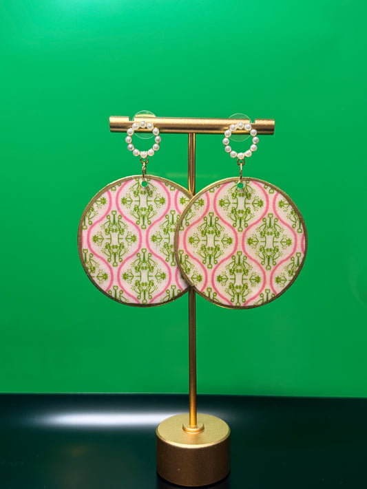 Pink/Green on Round Pearl Studs