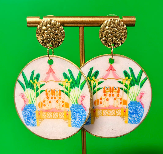 Chinoiserie Print on Gold Studs