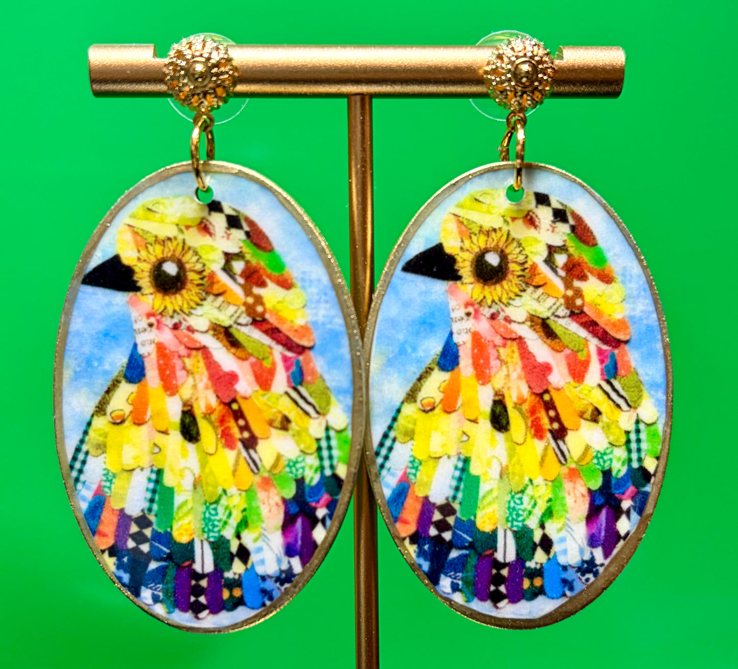 Patchwork Bird on Gold Filigree Stud
