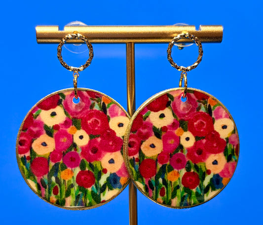 Abstract Floral Art Print Earrings on Round Gold Stud