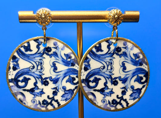Blue & White Pattern Earrings on Gold FiligreeStud