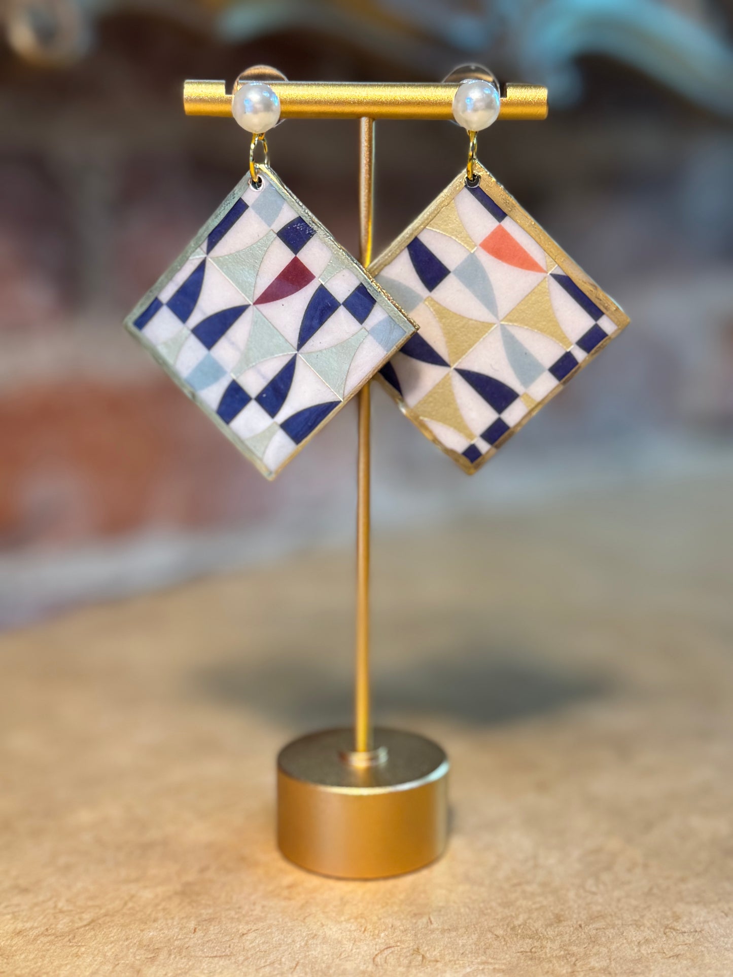 Blue Multicolored Square Earrings with Pearl Stud