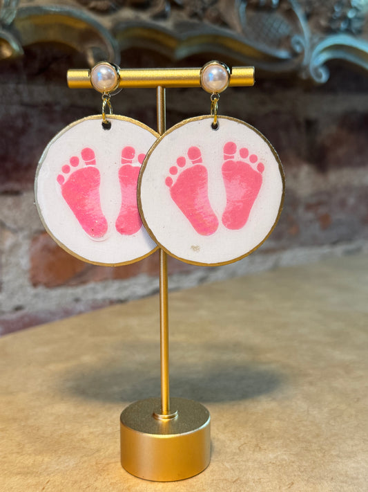 Pink Baby Feet on White Circle Earrings with Pearl Stud