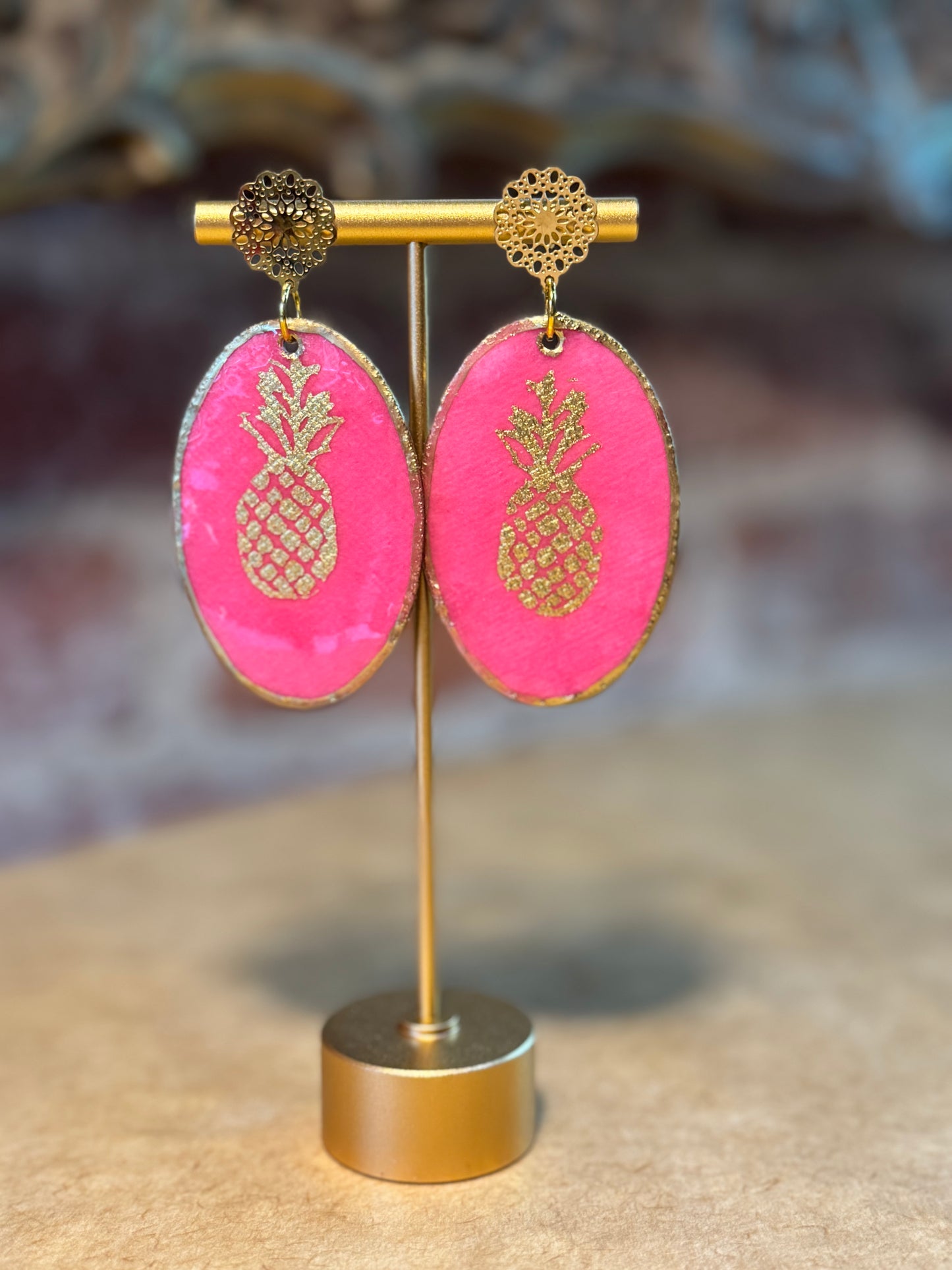 Gold Pineapple on Pink Oval Earrings with Gold Filigree Stud