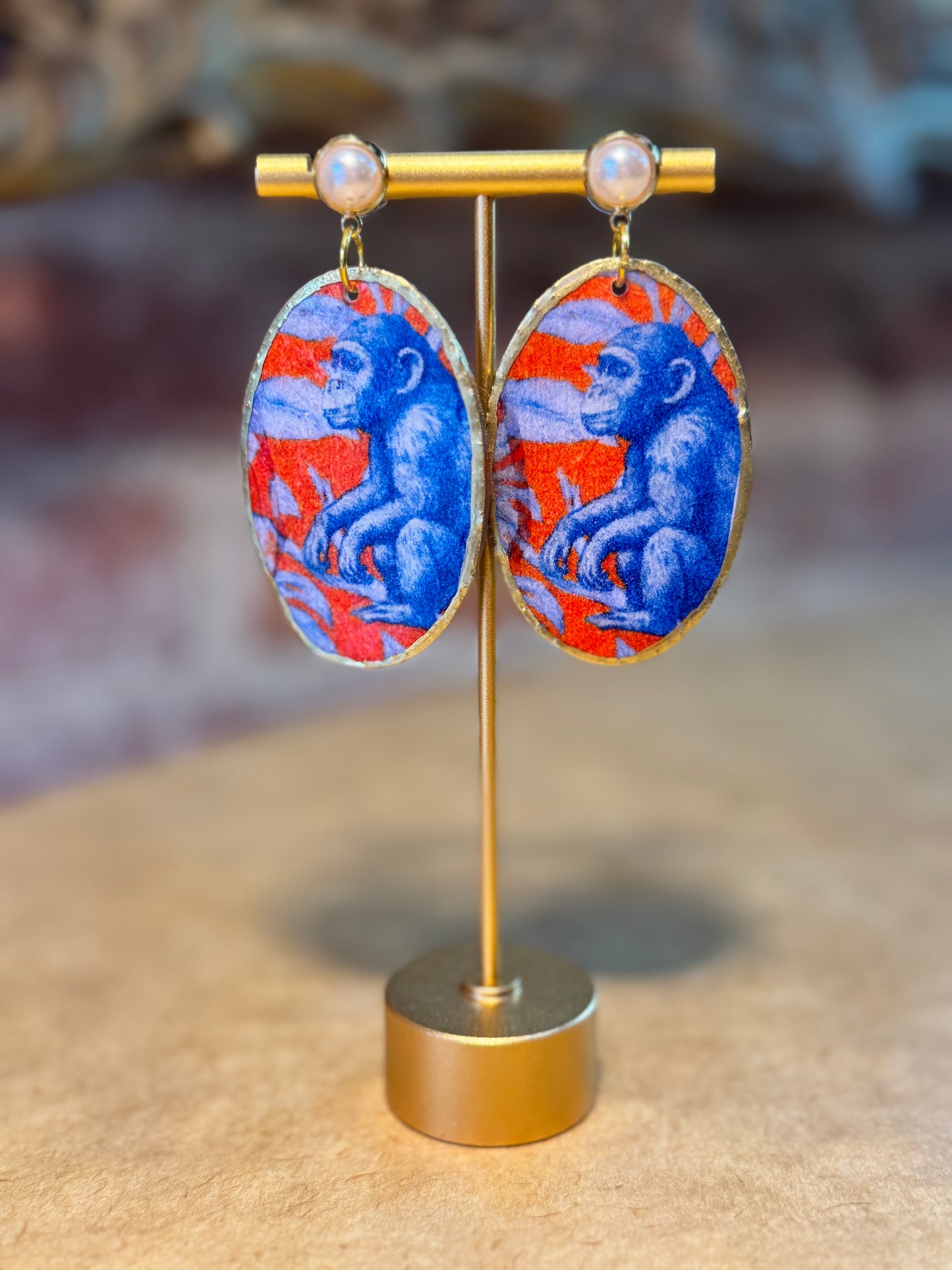 Orange and Blue Oval Earrings with Pearl Stud