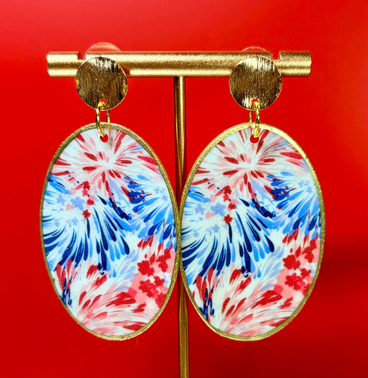Oval Red, White and Blue Fireworks on Gold Studs
