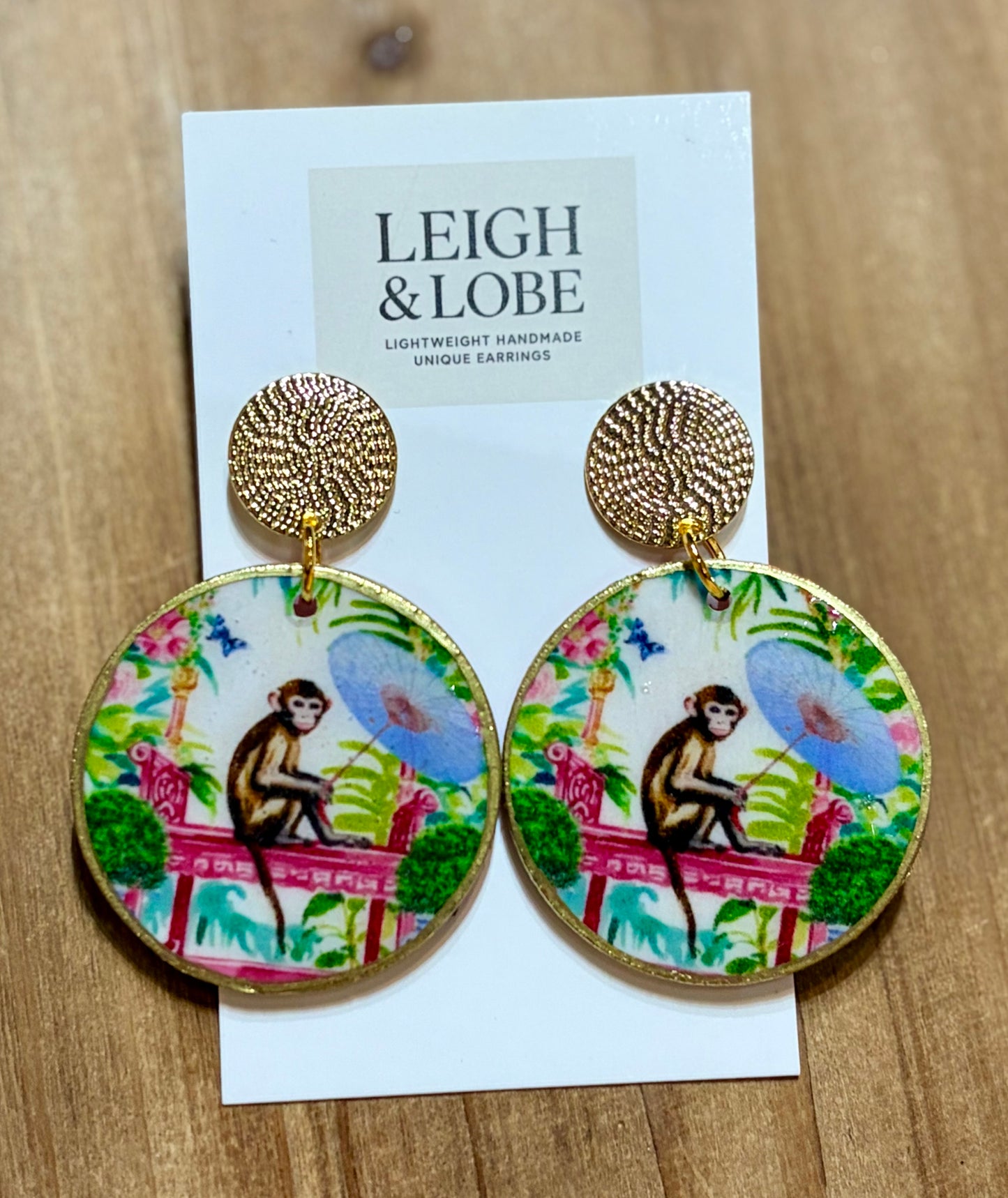 Pink Chinoiserie Monkey on Medium Round with Gold Stud