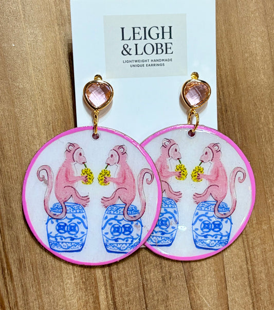 Chinoiserie Monkey on Pink Gemstone Studs