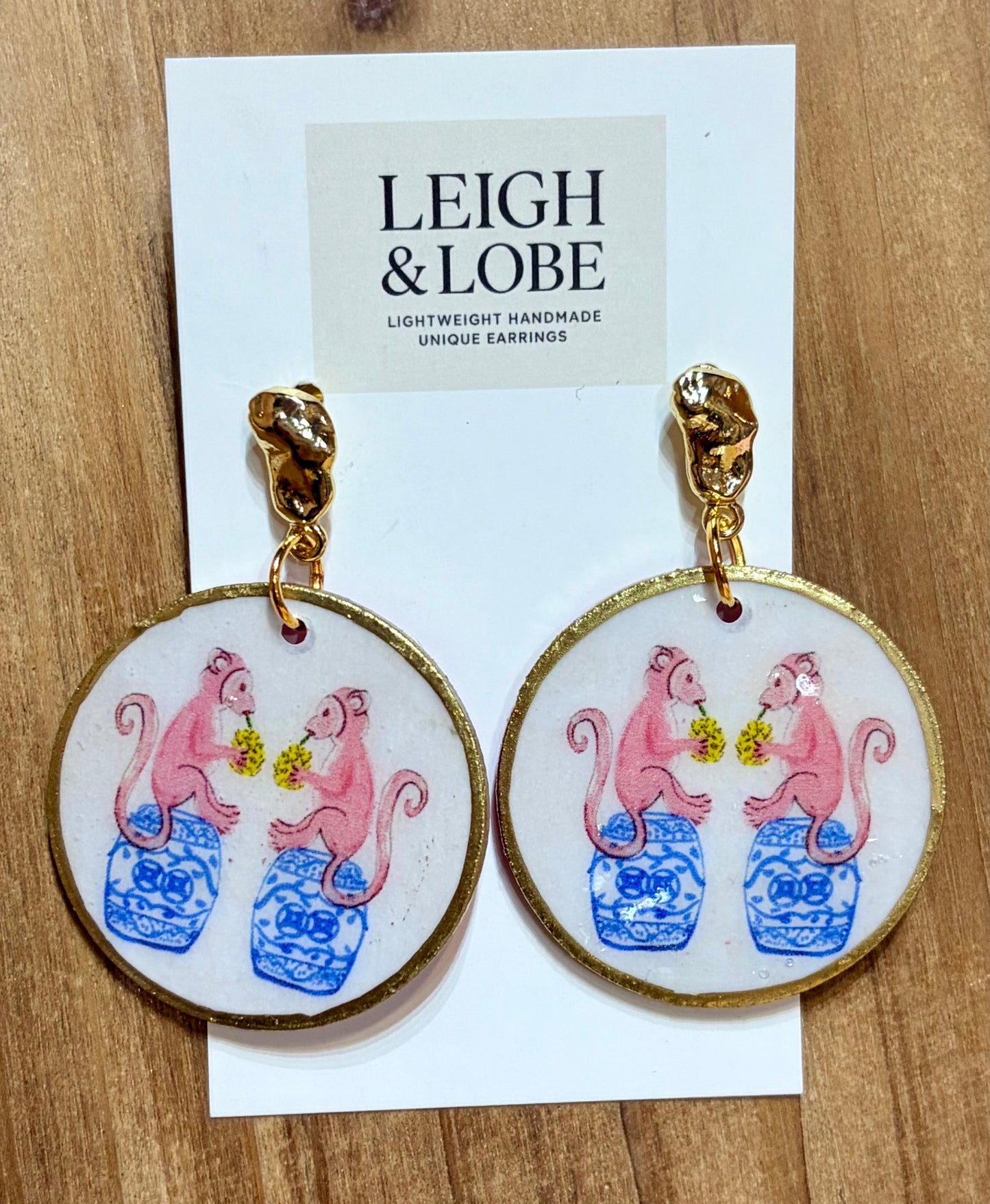 Pink Chinoiserie Monkeys on Medium Round with Gold Nugget Studs